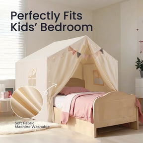 A fabric tent for the Tiny Land Cozy Nook Bundle covers a bed to create a cozy play nook, with an inset circle highlighting the soft texture of the material and the text, Soft Fabric Machine Washable.|Fabric