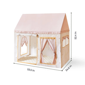A pink and white Tiny Land® Cozy Nook – Playhouse Tent featuring roll-up curtains, a quilted floor, and dimension lines indicating a height of 52.4 inches, width of 53.5 inches, and depth of 34.6 inches.|Pink