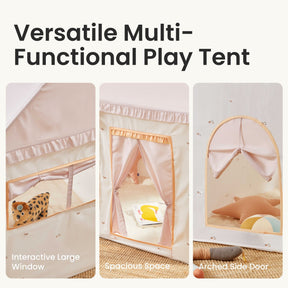 Three images highlight features of the Tiny Land Sweet Dreams Playset: a large interactive window, spacious interior with pillows, and an arched door with star cushions—ideal for imaginative play or pairing the pink dollhouse with the pink-white playhouse.