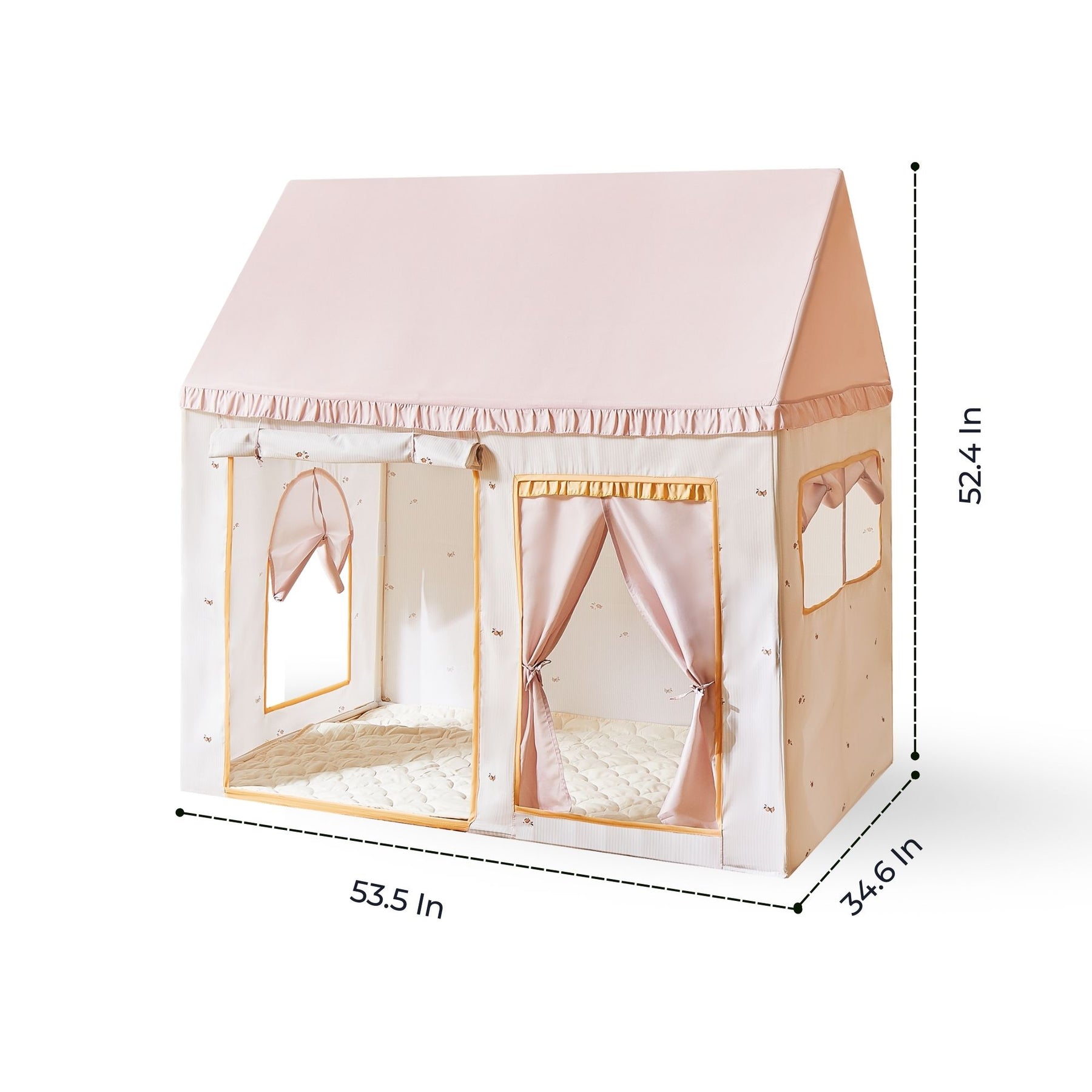 The Tiny Land Sweet Dreams Playset includes a pink dollhouse and a pink-white fabric playhouse with curtains, pitched roof, side window, and measures 53.5”W x 34.6”D x 52.4”H—ideal for imaginative play with dollhouse furniture.