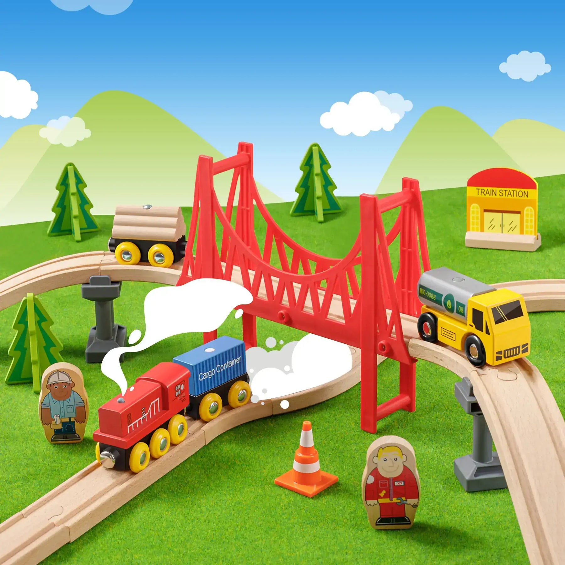 Tiny Land® Wooden Track Trains 55 Pcs - Tiny Land INC