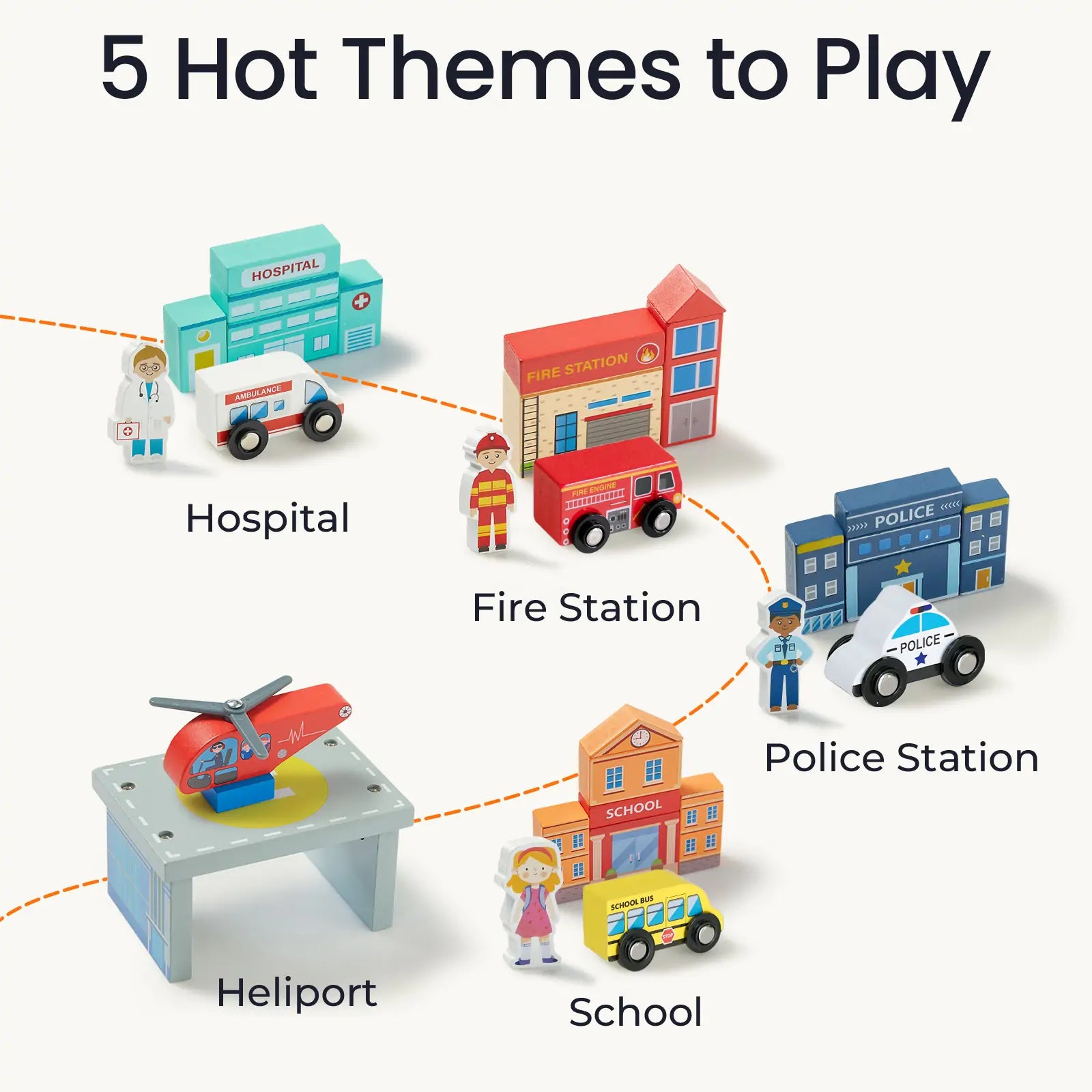 Play scene featuring five wooden toy themes: Hospital, Fire Station, Police Station, School, and Heliport with matching vehicles and figures.