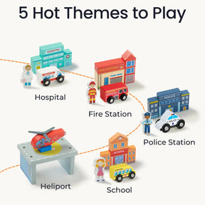 Play scene featuring five wooden toy themes: Hospital, Fire Station, Police Station, School, and Heliport with matching vehicles and figures.