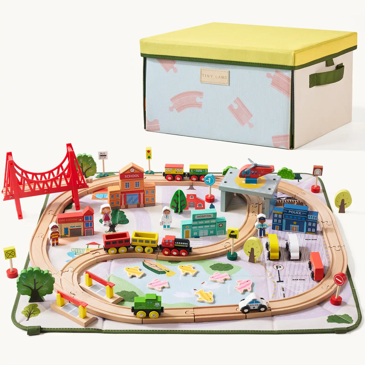 Track play scene on the left and foldable storage box on the right.