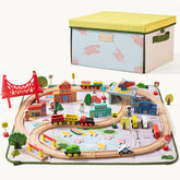 Track play scene on the left and foldable storage box on the right.