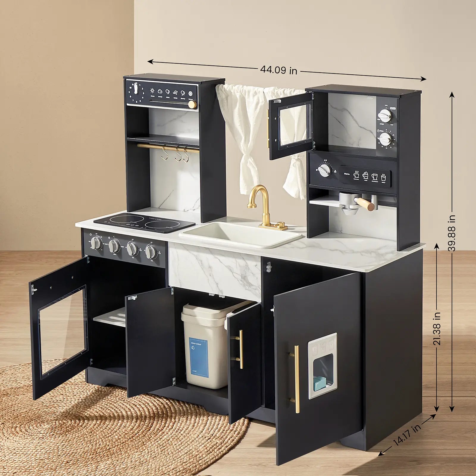 Tiny Land® Black Trendy Play Kitchen with Real-Flow Water System