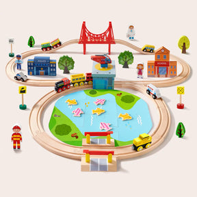 The Tiny Land Motion & Mind Playset features a 3-in-1 play tunnel with balls and a 110-piece wooden train set, complete with tracks, a pond, bridge, school, police station, vehicles, figures, trees, and traffic signs for endless imaginative play.
