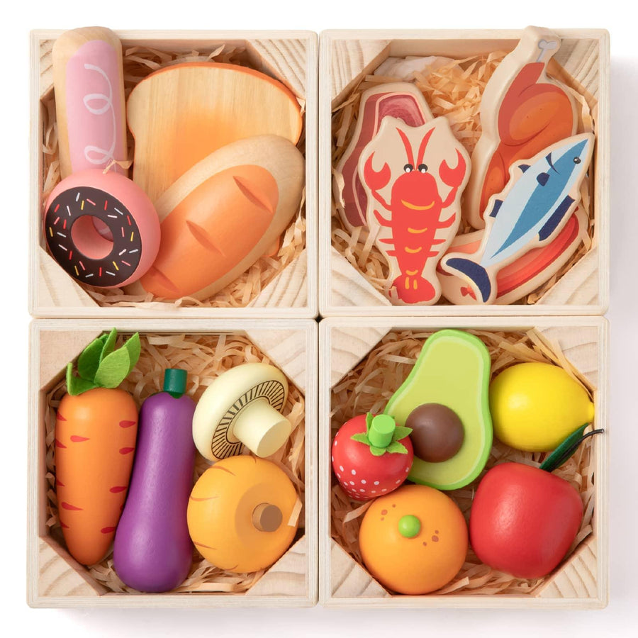 Four wooden crates by Tiny Land Play Food, each filled with realistic play foods: bread and donut, lobster/fish/ham, veggies, and fruit. Part of the Tiny Land® Wooden Food for Play Kitchen & Wooden Rack set.