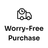 An icon of a delivery truck with a clock above, above bold text "Worry-Free Purchase by Seel" offering purchase protection, all on a white background.