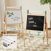 The Tiny Land® Green Magnitales Easel & Paper Roll Set by Tiny Land features a double-sided wooden easel with magnetic whiteboard, chalkboard with “SAIL” drawing, trays, and three extra paper rolls—perfect for kids’ indoor creativity.