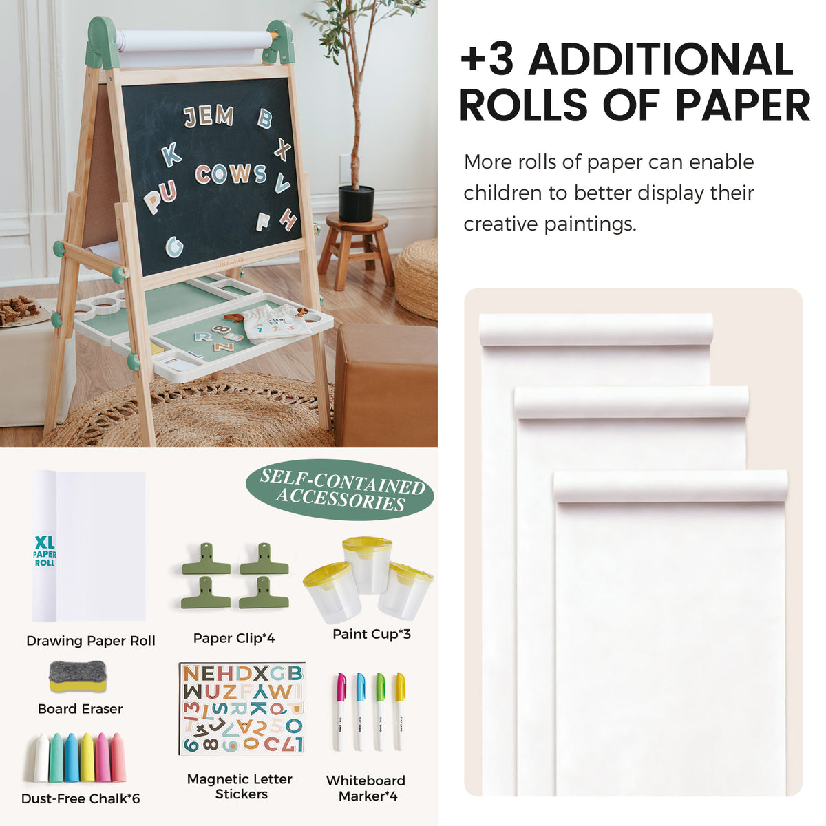 The Tiny Land® Green Magnitales Easel & Paper Roll Set features double-sided blackboard and whiteboard surfaces, alphabet magnets, paint cups, three extra paper rolls, eraser, letter stickers, clips, dust-free chalk—an ideal art easel for kids!.