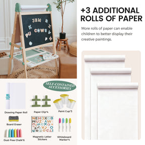 The Tiny Land® Green Magnitales Easel & Paper Roll Set features double-sided blackboard and whiteboard surfaces, alphabet magnets, paint cups, three extra paper rolls, eraser, letter stickers, clips, dust-free chalk—an ideal art easel for kids!.