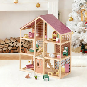 The Tiny Land® Sweetwood Pegasus Dollhouse & Wooden Dollhouse Dolls by Tiny Land features multiple rooms, pastel furniture, and poseable family dolls—perfect for holiday fun by the fireplace and Christmas tree.