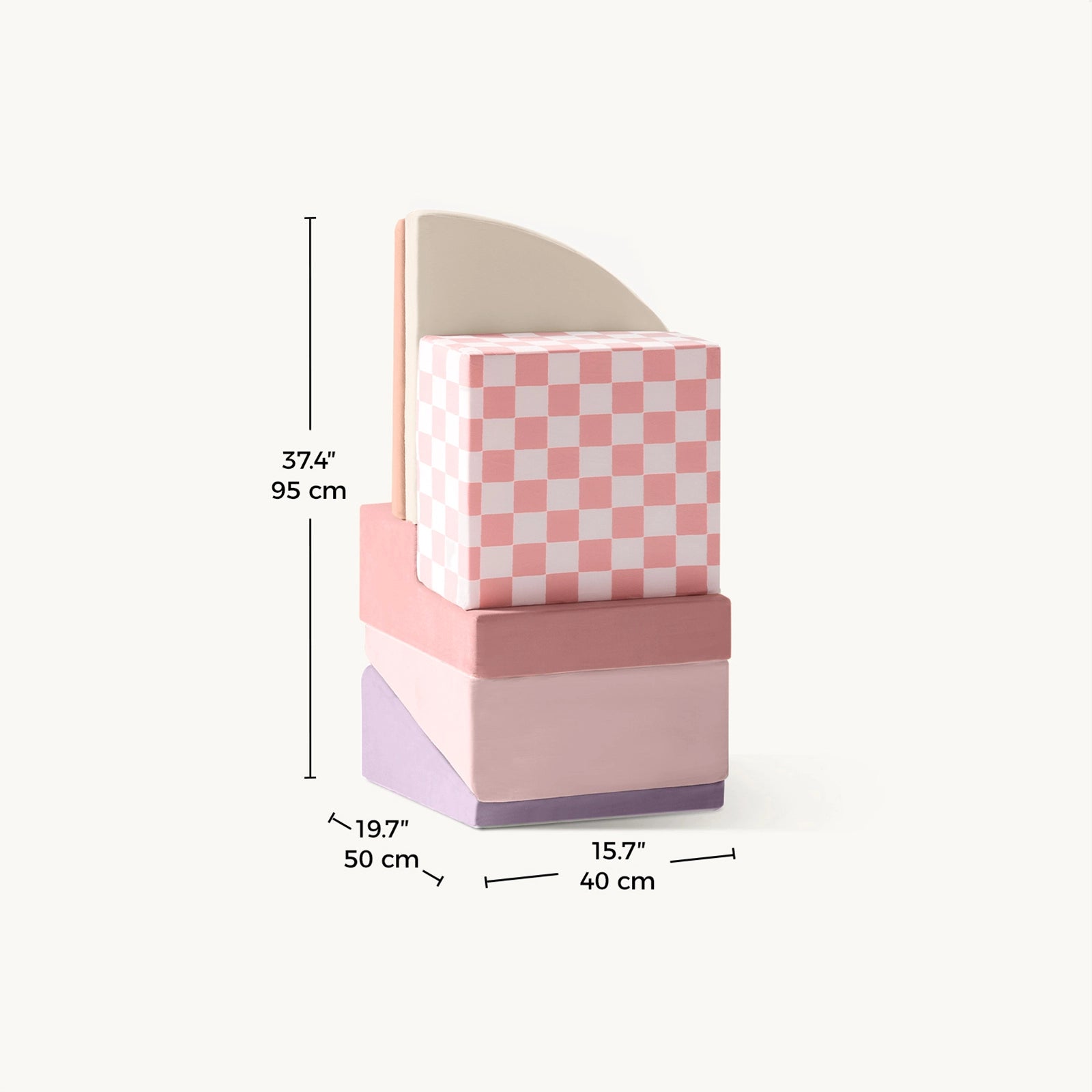 The Tiny Land® Violet PlayNest Climbing & Ball Pit Set by Tiny Land features four stacked, colorful geometric foam blocks that form a chair—perfect for sensory play and imaginative exploration. With dimensions of 37.4" (95 cm) in height, 19.7" (50 cm) in depth, and 15.7" (40 cm) in width, its design includes checkered and solid pastel colors that pair beautifully with climbing blocks or a foam ball pit for endless creative fun.|Pink