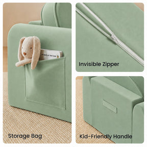 The Tiny Land® GentleSnug Kids Sofa Chair features a green design with a side storage pocket for toys and books, an invisible zipper close-up, and a kid-friendly handle. Labels: “Storage Bag,” “Invisible Zipper,” and “Kid-Friendly Handle.”.
