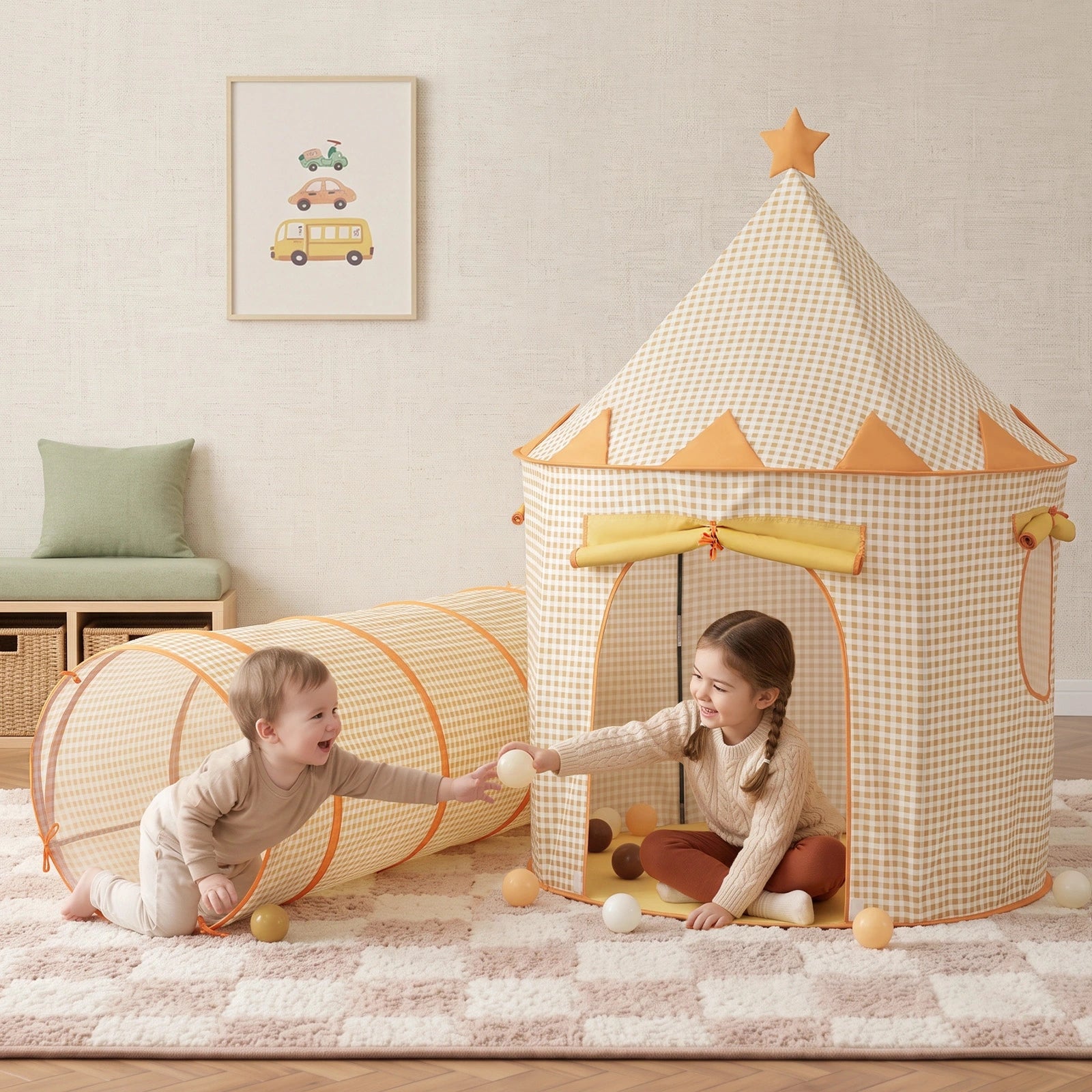 Two children play with plastic balls inside a checkered Tiny Land® Kids Tent – Indoor Tent for Toddlers and an attached tunnel.|Yellow
