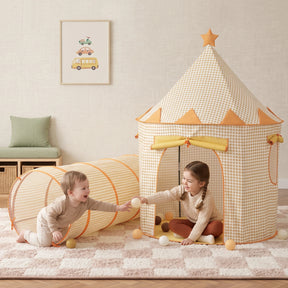 Two children play with plastic balls inside a checkered Tiny Land® Kids Tent – Indoor Tent for Toddlers and an attached tunnel.|Yellow