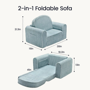 The Tiny Land® GentleSnug Corduroy Kid Chair by Tiny Land is displayed in light blue corduroy fabric, shown upright as a cozy armchair and unfolded as a comfortable lounge. Dimensions and labels are provided for each setup beside the chair, highlighting its practical versatility and stylish design—perfect for use as a kids lounger or toddler chair.|Soft Teal