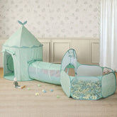 The Tiny Land® Green Adventure 3-in-1 Play Tunnel & Fun-Shapes Ocean Ball Set by Tiny Land includes a castle-shaped tent, connecting tunnel, and ball pit with fun-shape balls—ideal for sensory play on any carpeted area.