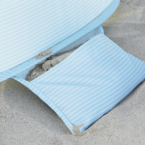 The Tiny Land® One-Stop Beach Toy & Tent Set in pastel yellow stripes keeps sand play neat—its striped bag stows your toys, even when sandy, making beach days easier under your favorite tent from Tiny Land.