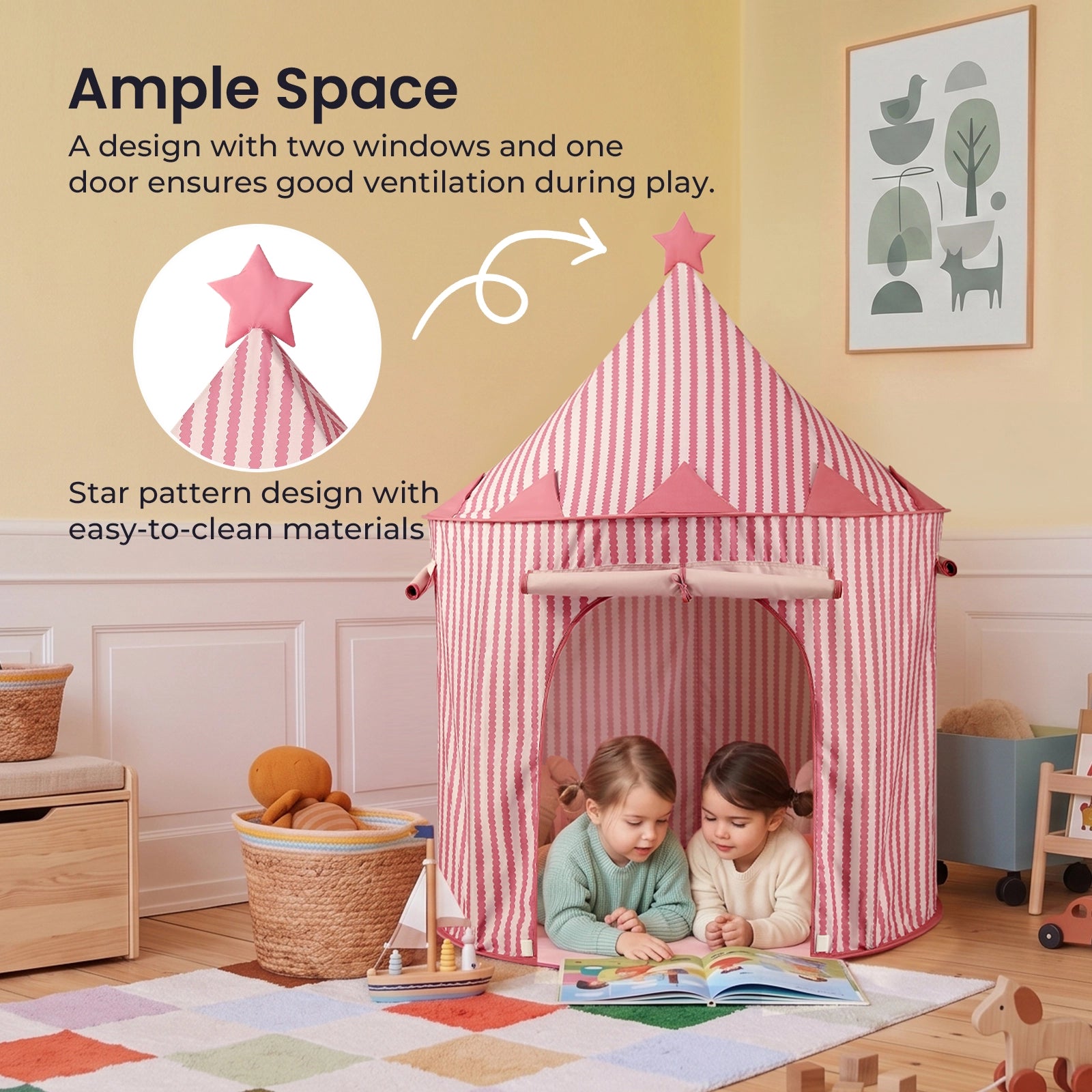 Two young children sit inside the Tiny Land® Kids Tent – an indoor tent for toddlers by Tiny Land, featuring a pink-and-white striped design with a star on top. This kids’ playhouse includes two windows and a door, and is set up in a cozy, colorful playroom filled with toys and soft lighting.|PInk