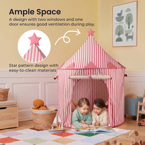 Two young children sit inside the Tiny Land® Kids Tent – an indoor tent for toddlers by Tiny Land, featuring a pink-and-white striped design with a star on top. This kids’ playhouse includes two windows and a door, and is set up in a cozy, colorful playroom filled with toys and soft lighting.|PInk