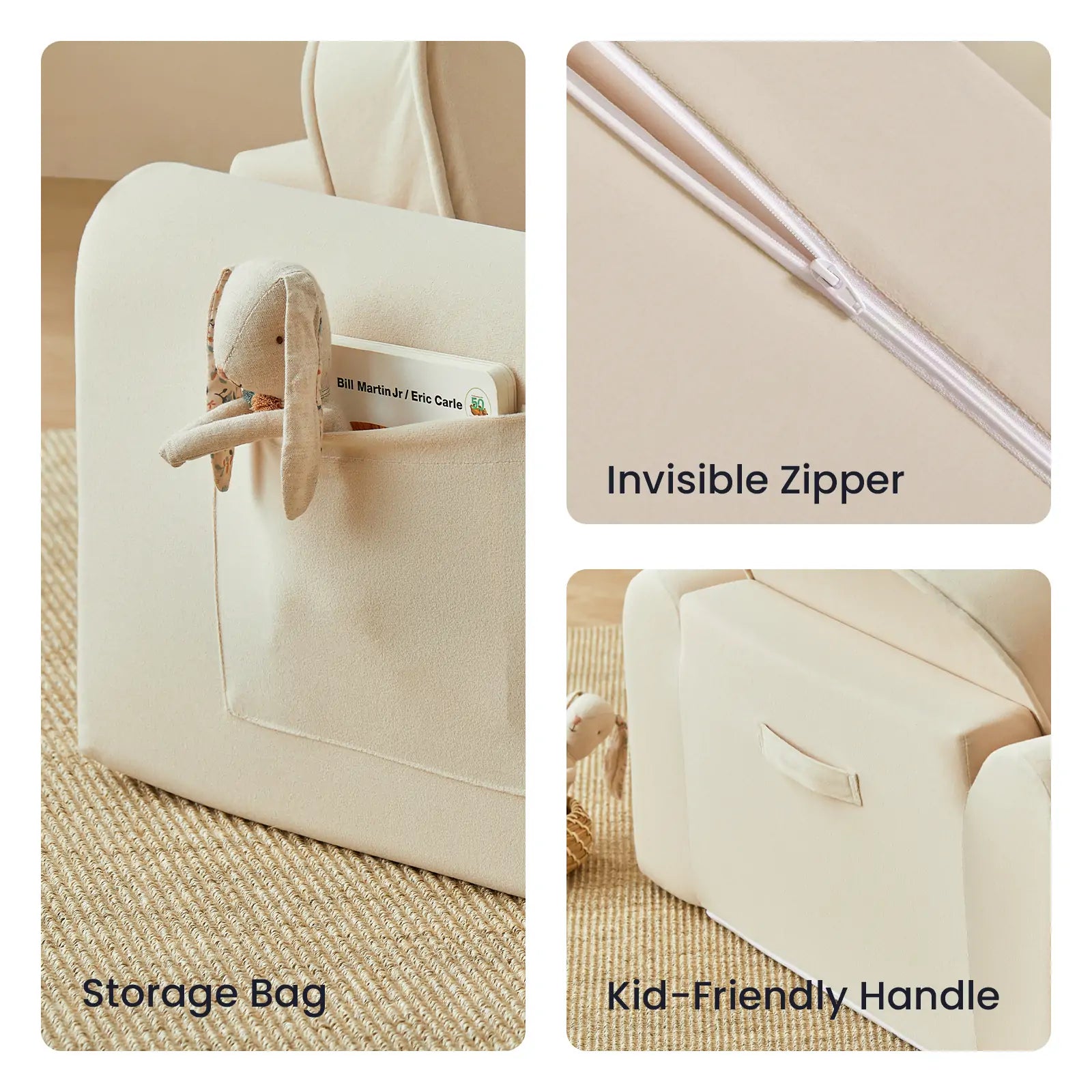 The Tiny Land® GentleSnug Kid Chair is showcased in beige with detailed close-ups of features: a convenient storage pocket holding a soft toy and book, an invisible zipper, and a kid-friendly handle on the back. Text labels highlight each feature, while high-density foam ensures lasting comfort. This 2-in-1 sofa bed from Tiny Land is perfect for creating a cozy and functional space for kids.|Beige