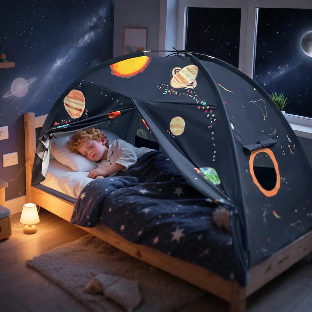 A young child sleeps in a bed covered by the Tiny Land® SpaceNest Bed Tent, decorated with planets and stars. The softly lit room features a starry night sky and moon visible outside the window. Brand: Tiny Land.