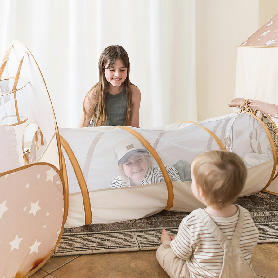 Children playing in mesh tunnel without text