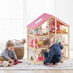 Children playing with dollhouse without text