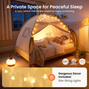 A child sleeps in the Tiny Land® Kids Bed Tent by Tiny Land, a cozy, private sleep space for kids. Star string lights are included for glowing decor, creating a peaceful atmosphere in the softly lit bedroom.|Beige