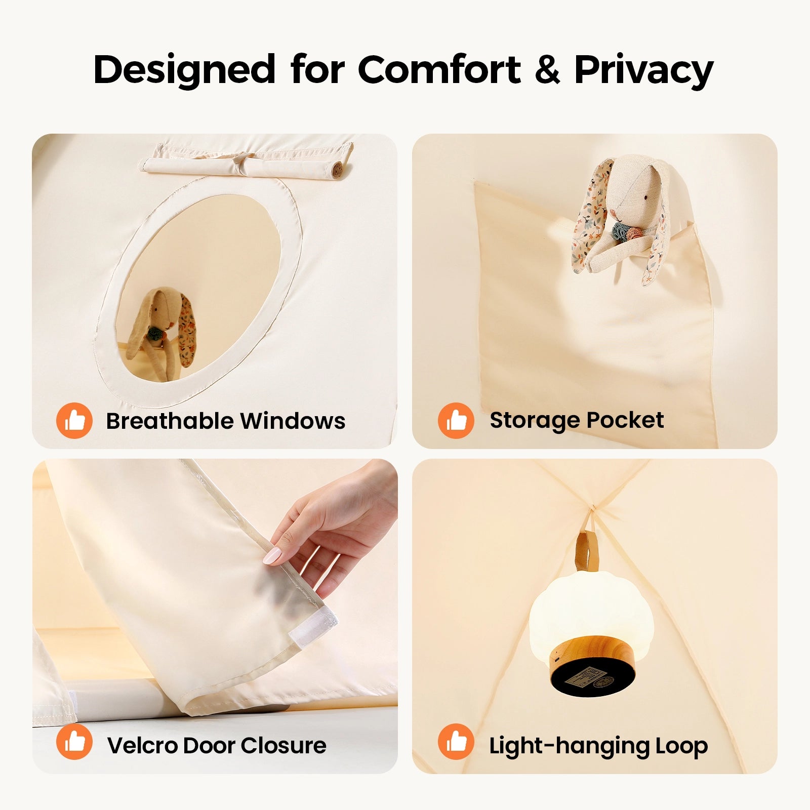 Four labeled images showcase the Tiny Land® Kids Bed Tent by Tiny Land: a hand opens a round breathable window, a storage pocket holds a toy, Velcro secures the door, and an interior loop holds a light in this cozy kids’ indoor tent.|Beige