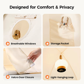 Four labeled images showcase the Tiny Land® Kids Bed Tent by Tiny Land: a hand opens a round breathable window, a storage pocket holds a toy, Velcro secures the door, and an interior loop holds a light in this cozy kids’ indoor tent.|Beige