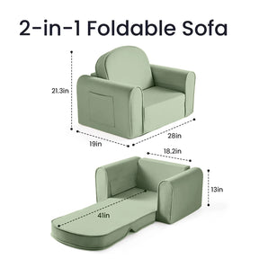 The Tiny Land® GentleSnug Kids Sofa Chair by Tiny Land is shown in light green as an upright chair (21.3" H x 28" W x 19" D) and unfolded lounger (13" H x 41" L x 18.2" W), with clear, labeled dimensions for little ones.