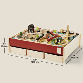 The Tiny Land® 1920 Railway Adventure Train Table by Tiny Land INC measures 47.9 x 35.2 x 11.6 in and features storage drawers, tracks, buildings, bridges, trees, and a vintage locomotive for hours of imaginative play.