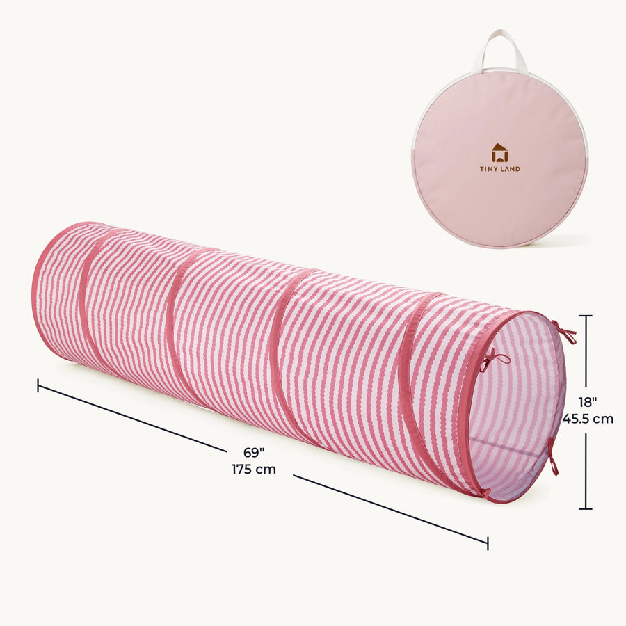 The Tiny Land® Adventure Play Tunnel is a pink and white striped kids play tunnel measuring 69 inches long and 18 inches in diameter, accompanied by a circular storage bag.|Pink