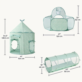 The Tiny Land® Compact Adventure 3-in-1 Play Tunnel Set in green includes a 54.5" tall castle tent, tunnel, and cube with tunnels—all with mesh windows, open doors, floral patterns—connectable to a ball pit. Dimensions in inches/cm.