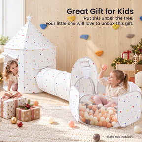 Two children play with a Tiny Land® Compact Adventure 3-in-1 Play Tunnel, a white set featuring a conical playhouse, a tunnel, and a ball pit with a basketball hoop, all decorated with colorful dots.|Colorful Dots