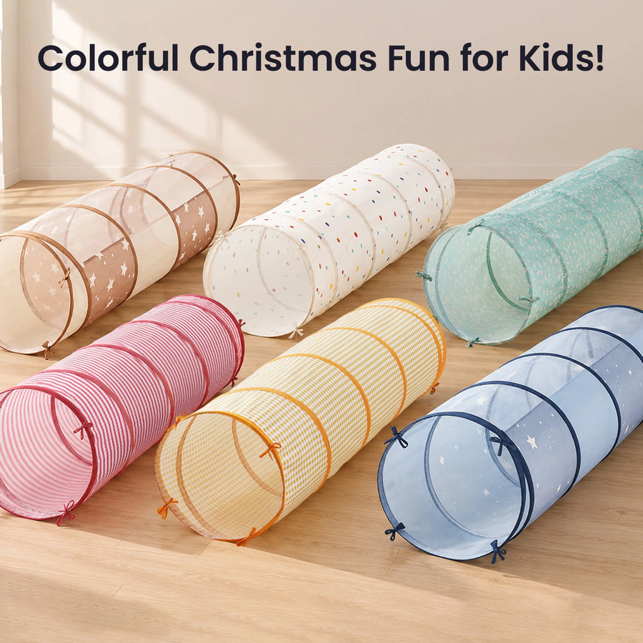 Six colorful Tiny Land® Adventure Play Tunnel crawl tunnels with various patterns arranged on a wooden floor, with the text Colorful Christmas Fun for Kids! above them.