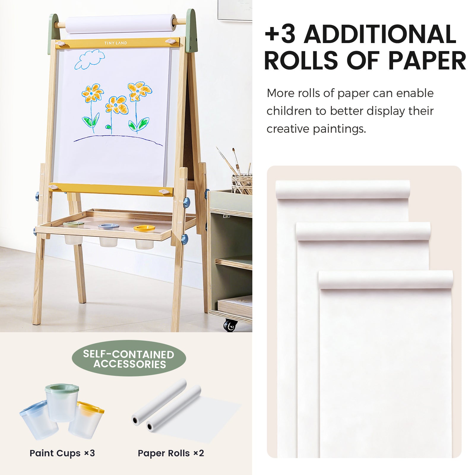 The Tiny Land® 3-in-1 Art Easel for Kids & Paper Roll Set by Tiny Land features a sturdy wooden easel adorned with a flower drawing, storage bins, three paint cups, and three extra paper rolls. This versatile kids’ art station comes complete with handy accessories and additional paper rolls to inspire creativity.