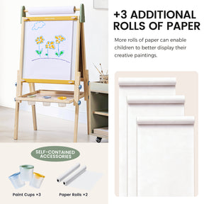 Tiny Land® Morandi 3-in-1 Art Easel & Paper Roll Set featuring an adjustable height art station, a paper roll, three additional paper rolls, three paint cups, and two rolls of paper.
