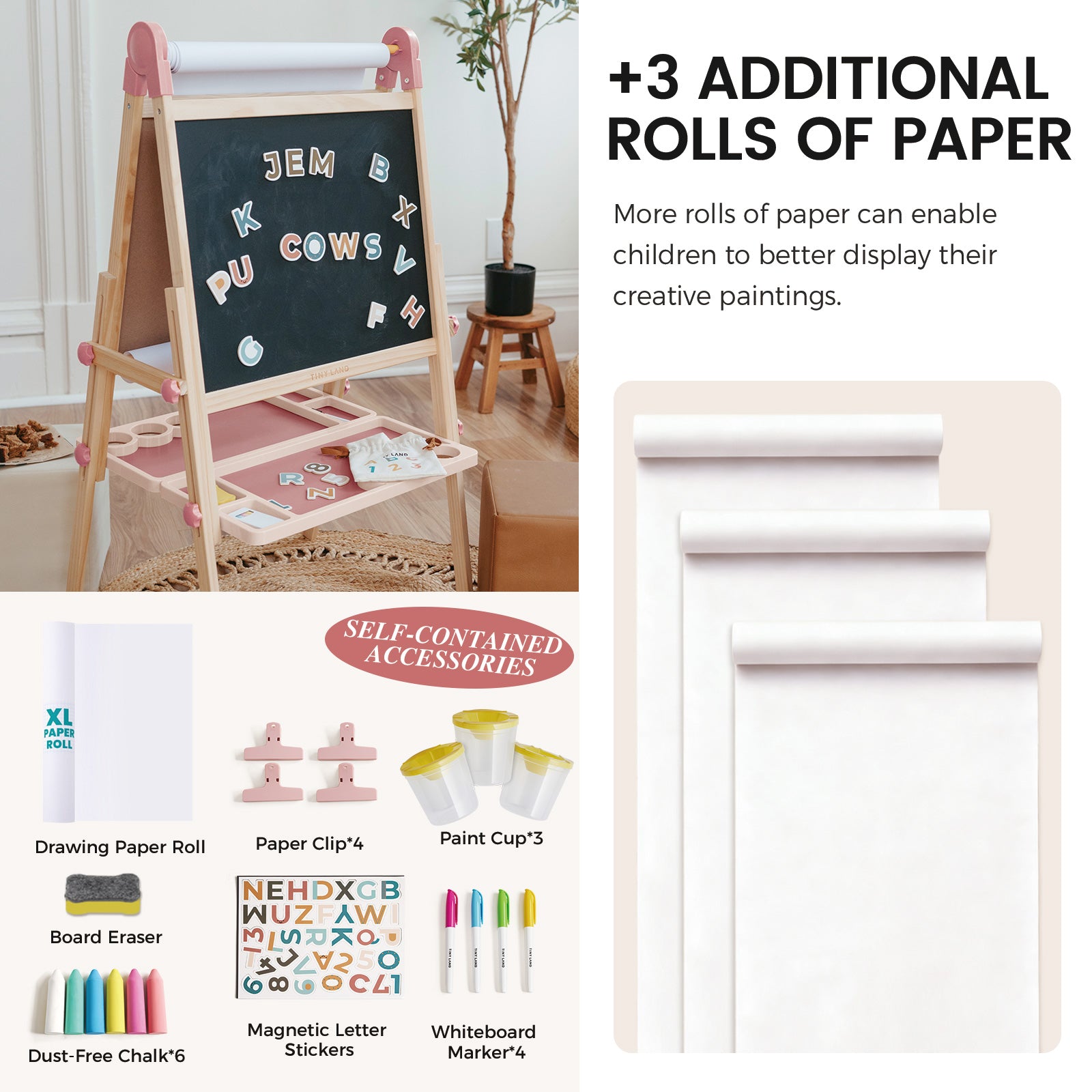 The Tiny Land® Pink Magnitales Easel & Paper Roll Set by Tiny Land features a double-sided art easel with a chalkboard, magnetic letters, painting supplies, three extra paper rolls, chalk, eraser, clips, and cups—ideal for creative play.