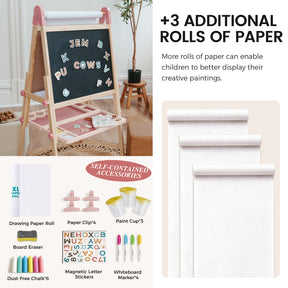 The Tiny Land® Pink Magnitales Easel & Paper Roll Set by Tiny Land features a double-sided art easel with a chalkboard, magnetic letters, painting supplies, three extra paper rolls, chalk, eraser, clips, and cups—ideal for creative play.
