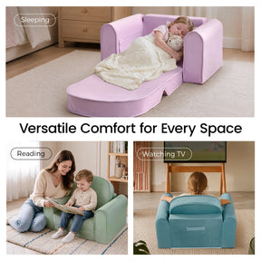 Three images show children using the Tiny Land® GentleSnug Kids Sofa Chair: a girl sleeping on the pink GentleSnug toddler sofa by Tiny Land, a woman reading with a boy on a blue GentleSnug flip-open chair, and a child watching TV from behind on the blue Tiny Land sofa.|Light Purple