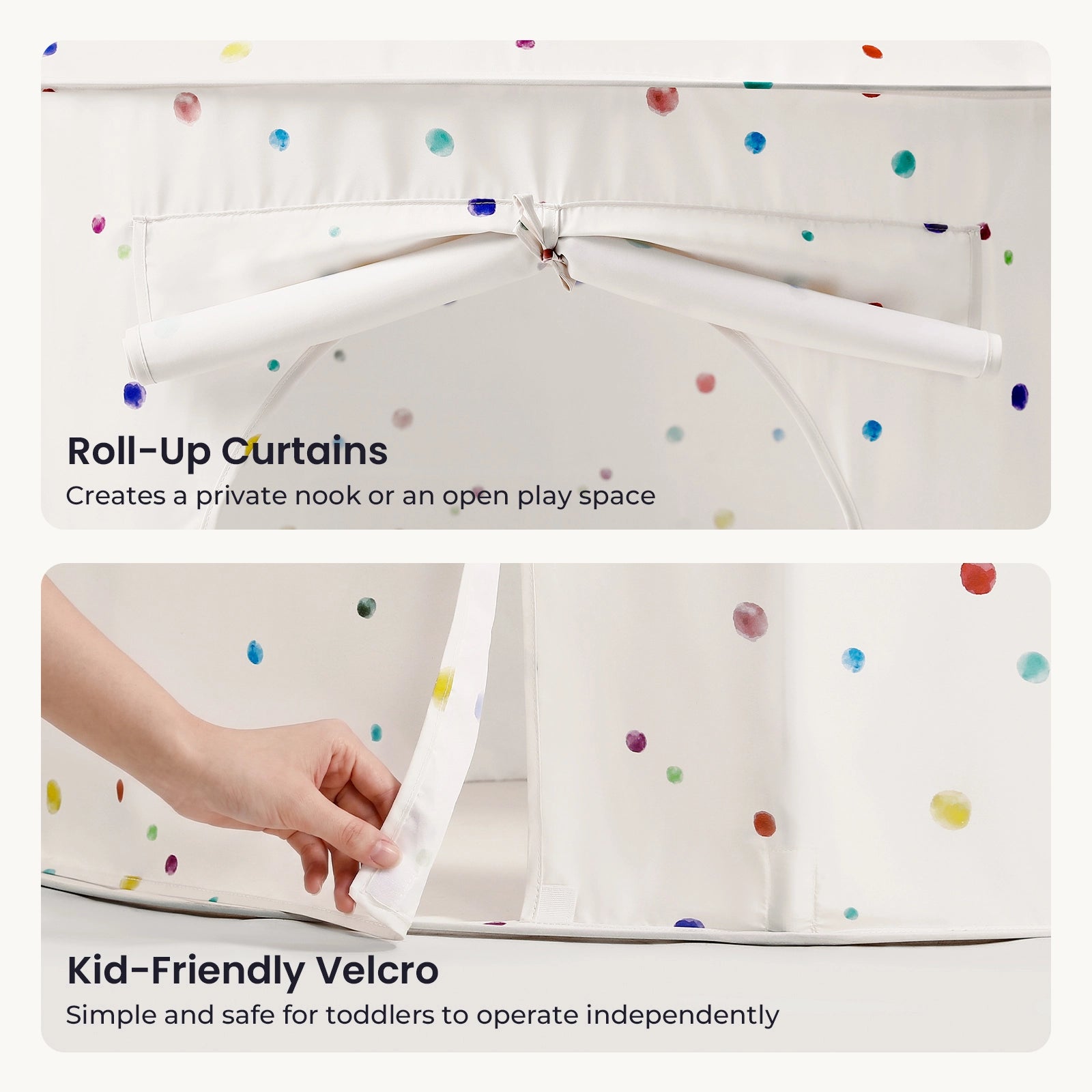 A hand opens the velcro closure of a white Tiny Land® Kids Tent – Indoor Tent for Toddlers, featuring colorful polka dots and roll-up curtains tied at the top.|Colorful Dots