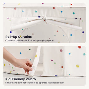 A hand opens the velcro closure of a white Tiny Land® Kids Tent – Indoor Tent for Toddlers, featuring colorful polka dots and roll-up curtains tied at the top.|Colorful Dots