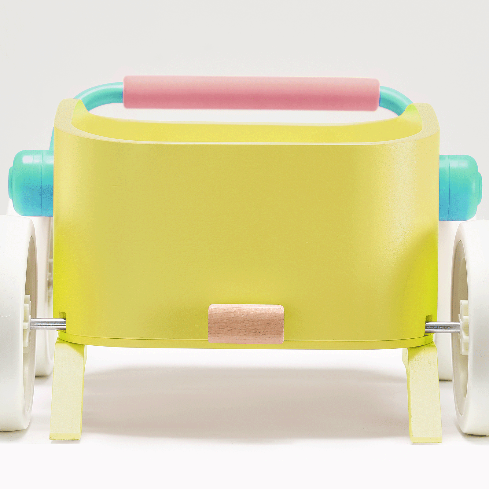 Tiny Land® 3-in-1 Wooden Baby Walker Wagon in yellow with a pink handle, teal accents, white wheels, and a storage box.|Spring Color
