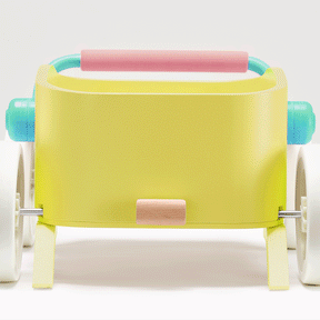 Tiny Land® 3-in-1 Wooden Baby Walker Wagon in yellow with a pink handle, teal accents, white wheels, and a storage box.|Spring Color