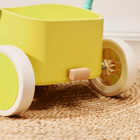 Tiny Land® 3-in-1 Wooden Baby Walker Wagon in yellow with white wheels, featuring an adjustable speed control and a wooden storage box.|Spring Color