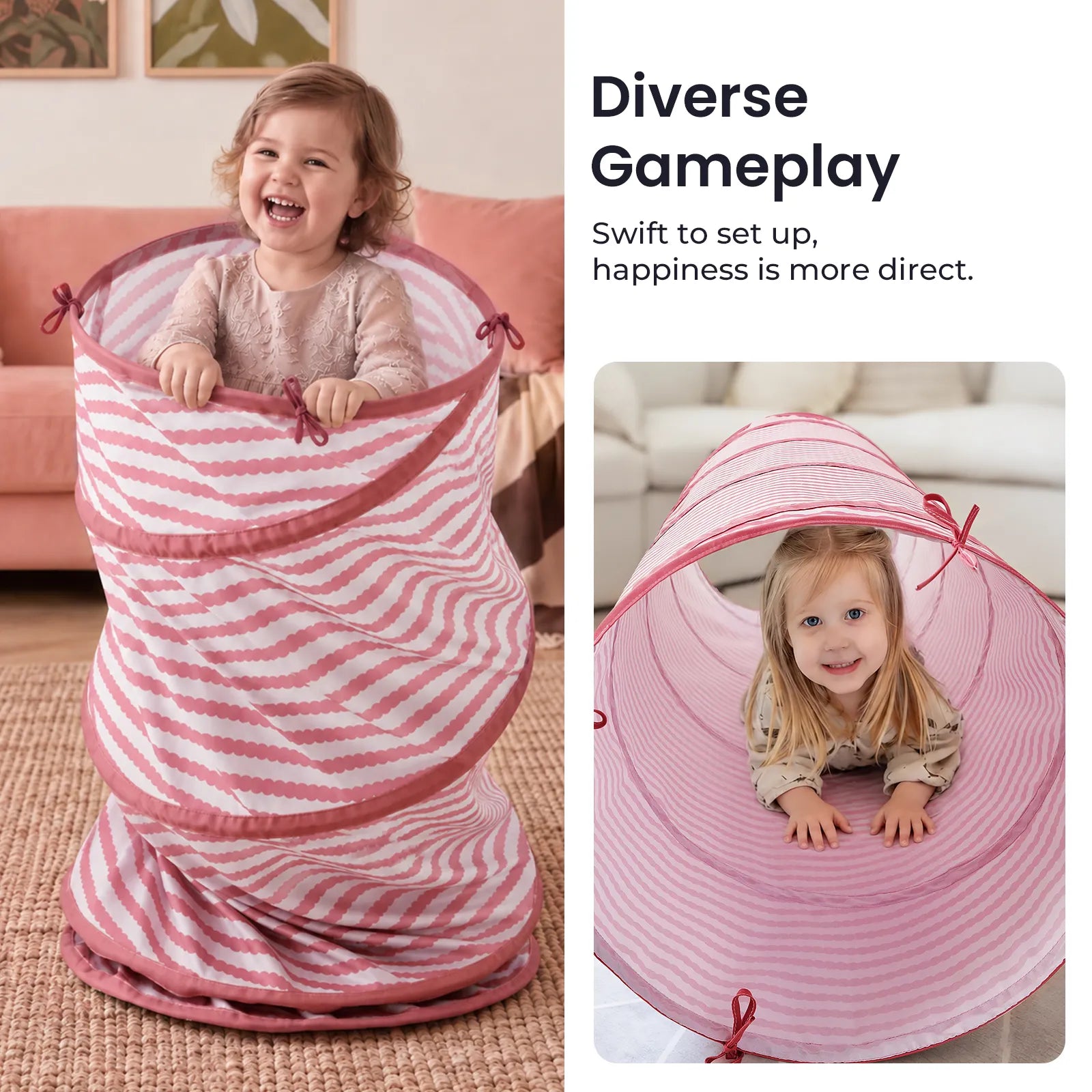 A child stands inside the pink-and-white striped Tiny Land® Sweetwood Adventure Dollhouse & Play Tunnel Set while a second child crawls through the tunnel.